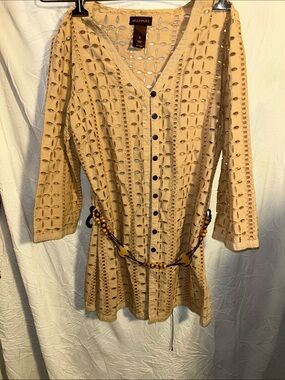 Multiples Beige Eyelet Tunic Topwith Wooden Bead Belt size Small